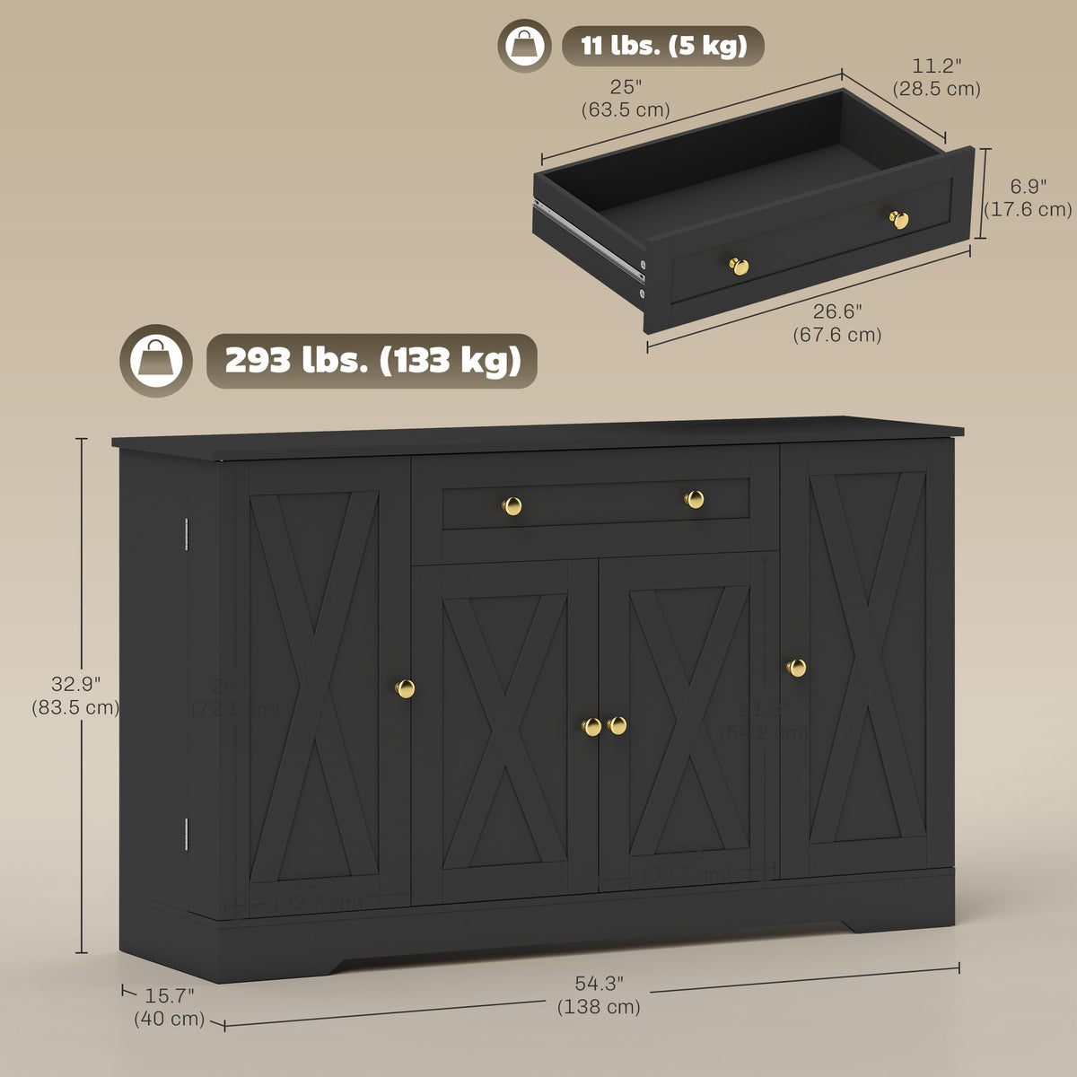 Farmhouse Buffet Sideboard Cabinet with Barn Doors