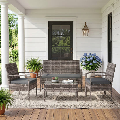 4-Piece Patio Conversation Set with Tempered Glass Table