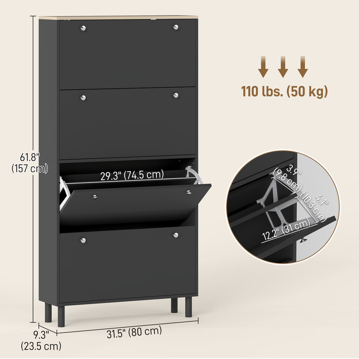Narrow Shoe Cabinet 4 Flip Drawers — Holds 24–32 Pairs