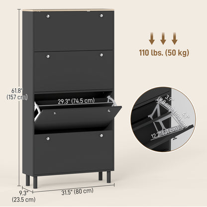 Narrow Shoe Cabinet 4 Flip Drawers — Holds 24–32 Pairs