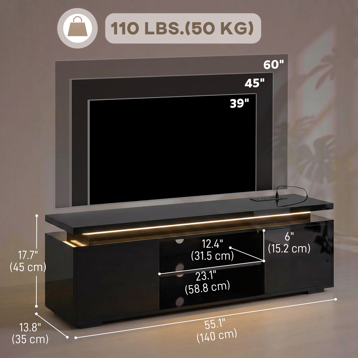 TV Stand with RGB LED Lights and Built-In Power Outlets