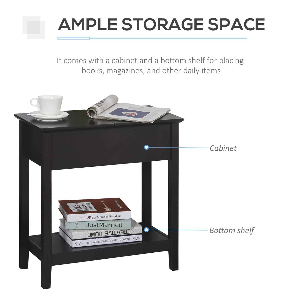Flip top end side table with cabinet and shelf — Dark