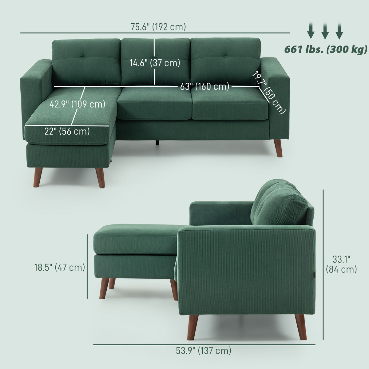 Corduroy L-Shaped Sectional Sofa with Reversible Chaise