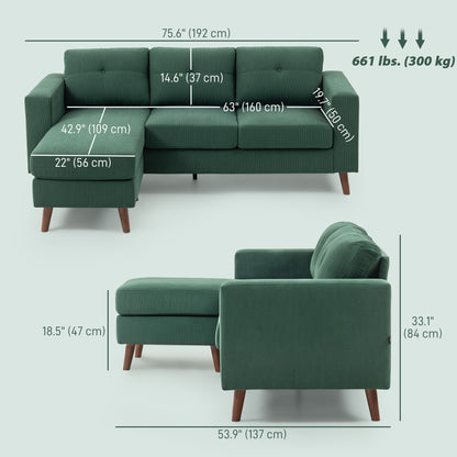 Corduroy L-Shaped Sectional Sofa with Reversible Chaise