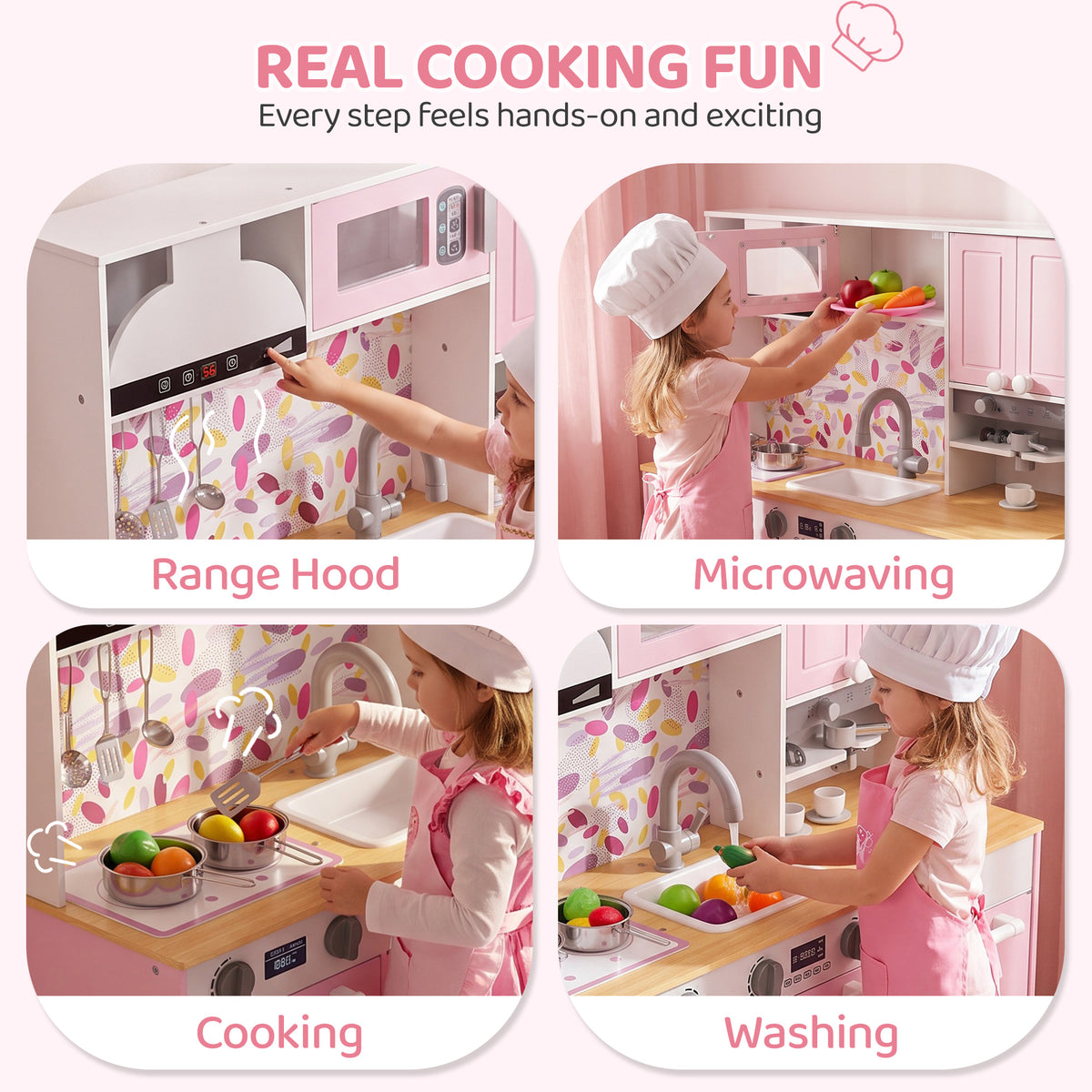 Wooden kids play kitchen with coffee maker and accessories