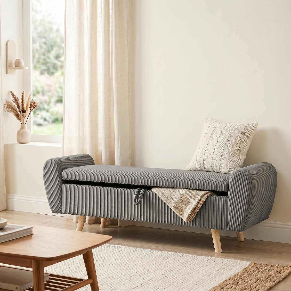 Corduroy Storage Ottoman Bench with Rolled Arms