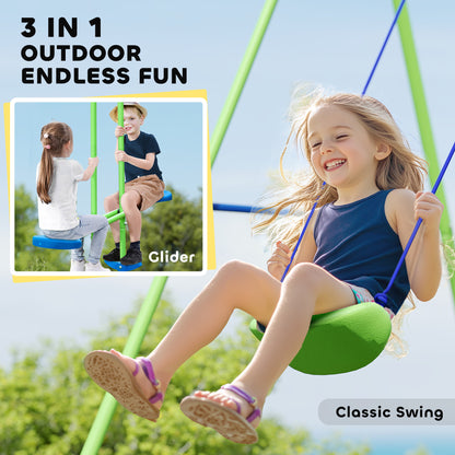 3-in-1 Kids Metal Swing Set with Glider