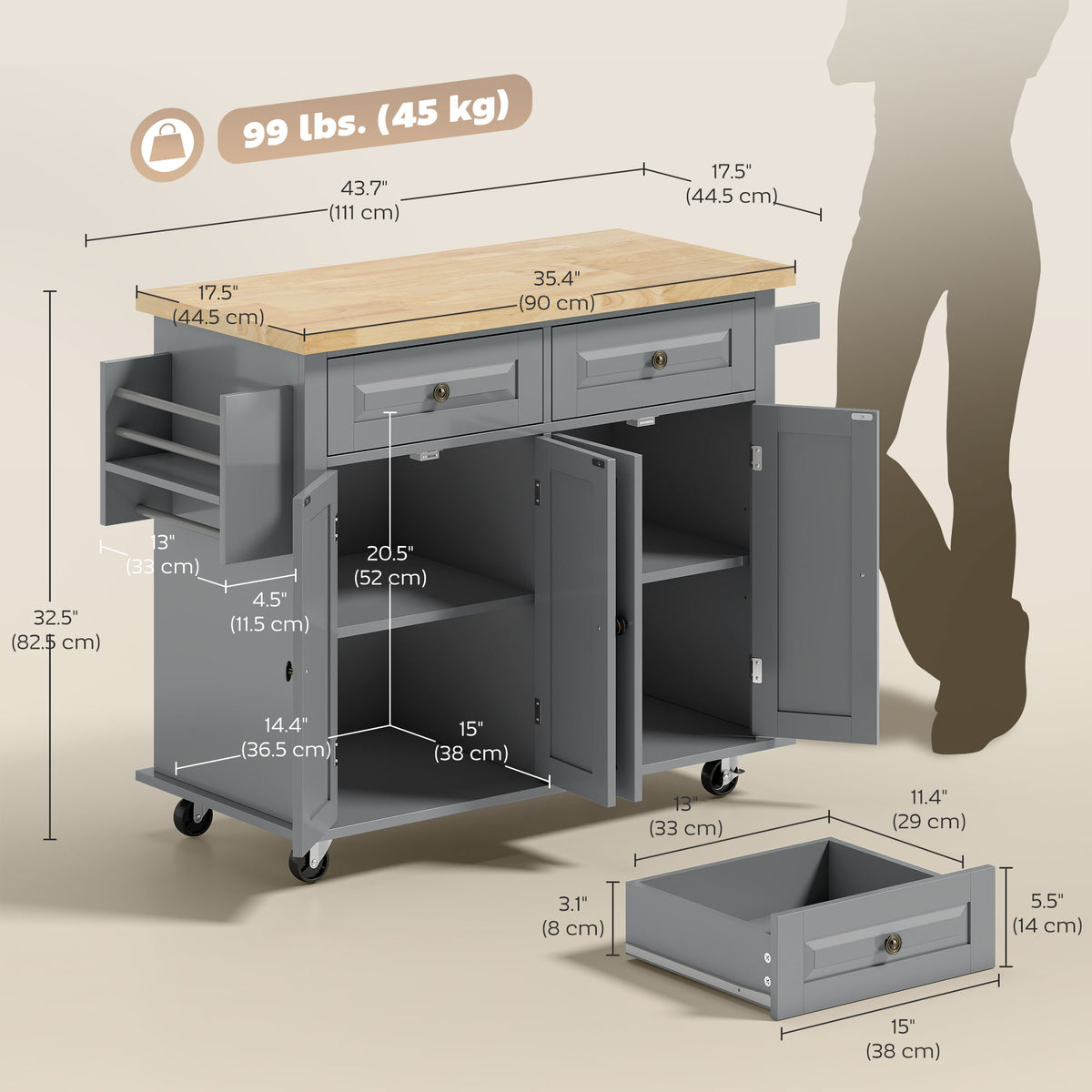 Rolling kitchen island with storage and wood top