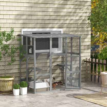Multi-level outdoor cat enclosure with transparent roof