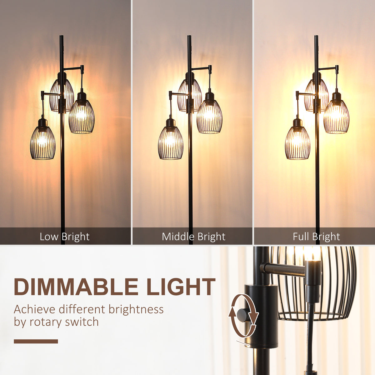 Industrial Floor Lamp 3 Hanging Cage Shades, Dimmable