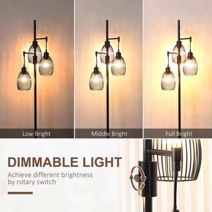 Industrial Floor Lamp 3 Hanging Cage Shades, Dimmable