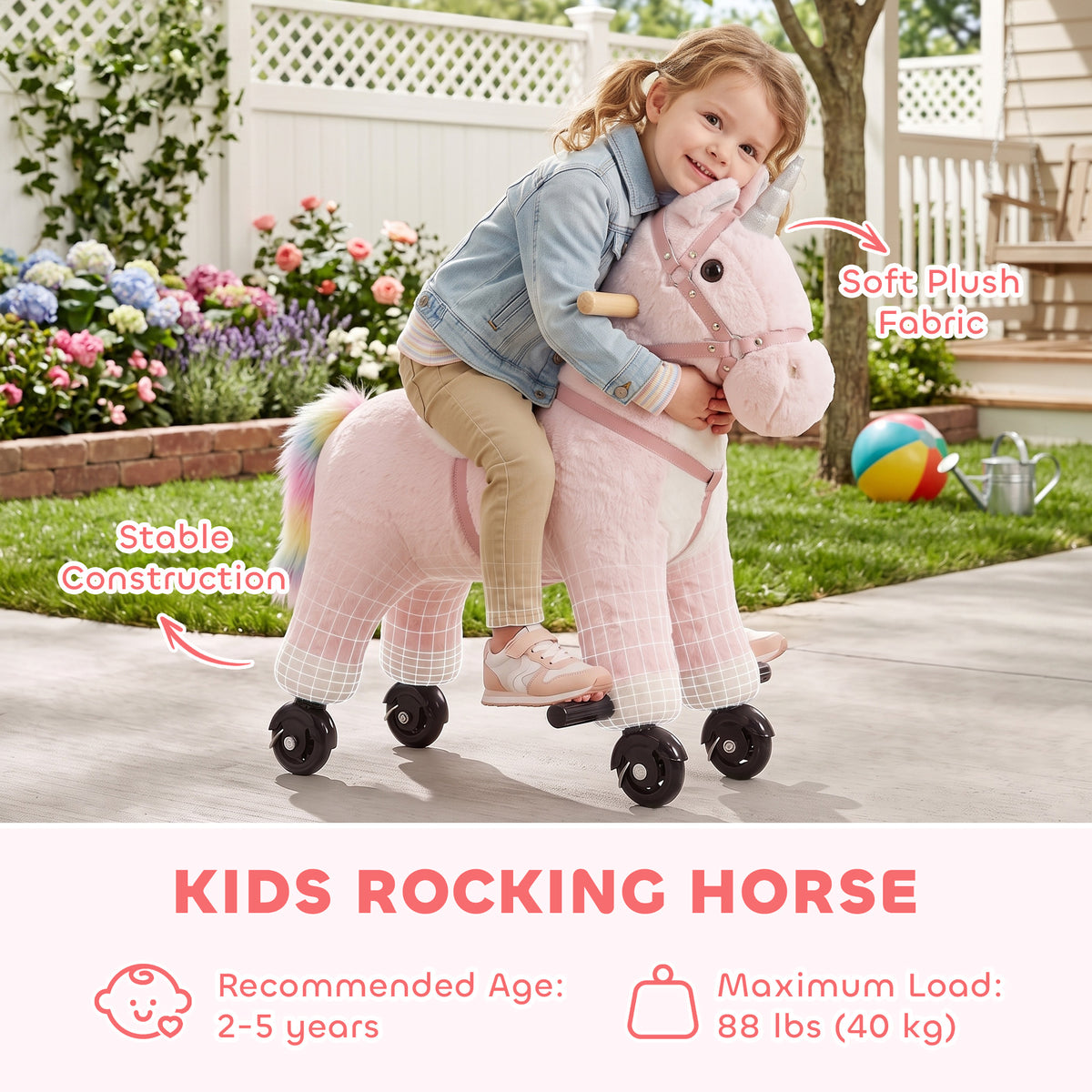 Unicorn ride-on toy with wheels and sounds