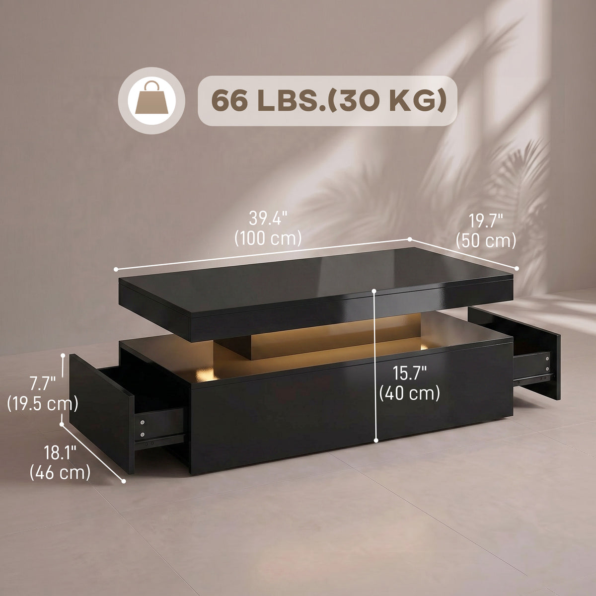 LED Coffee Table 2 Drawers High Gloss