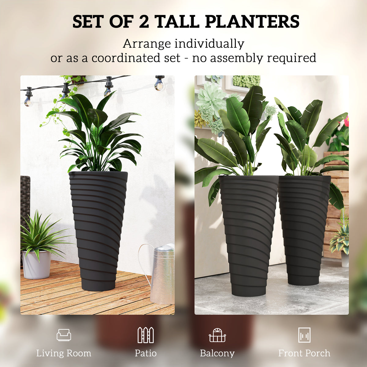 Juego de 2 maceteros apilables de 29 pulg. — negro