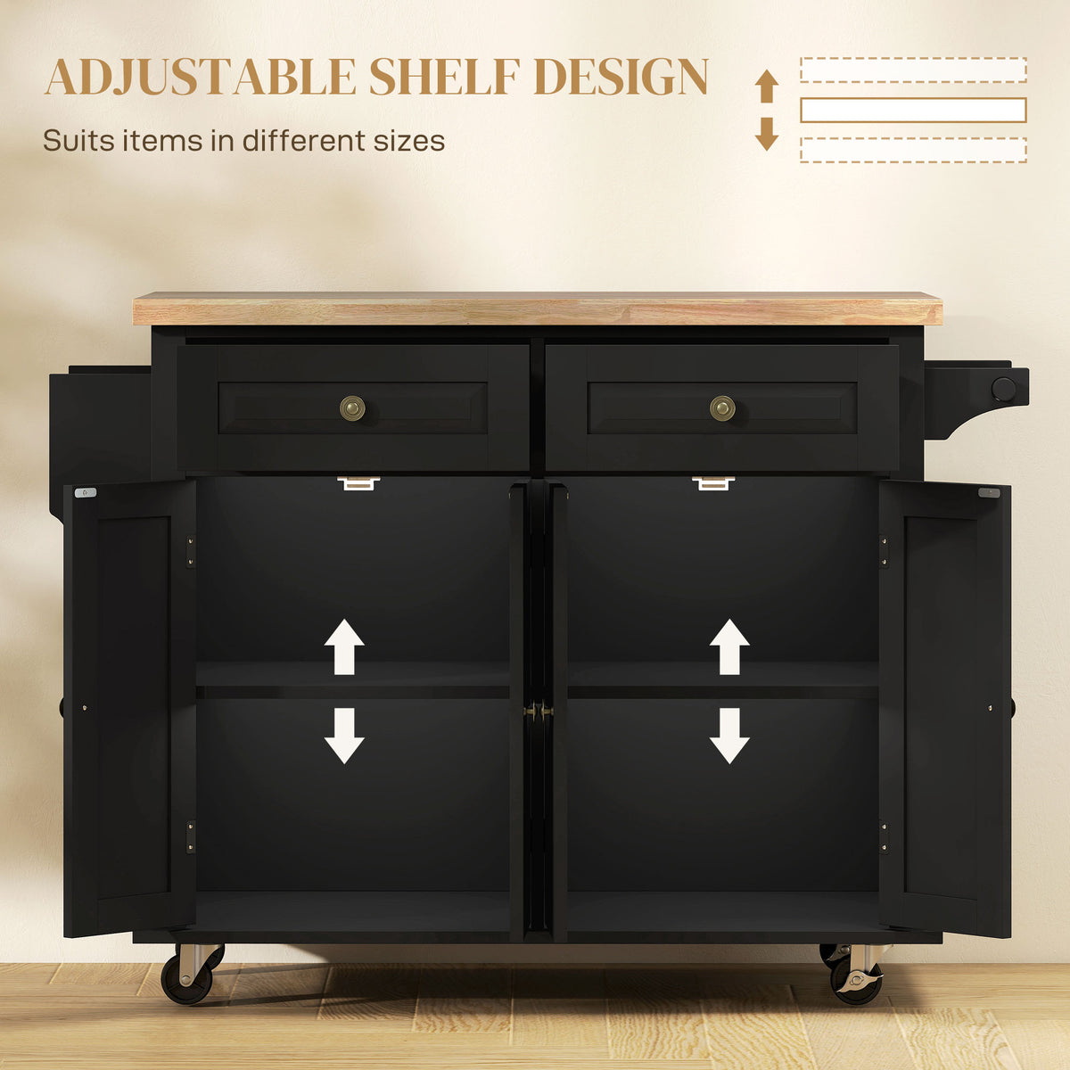 Rolling kitchen island with storage and wood top