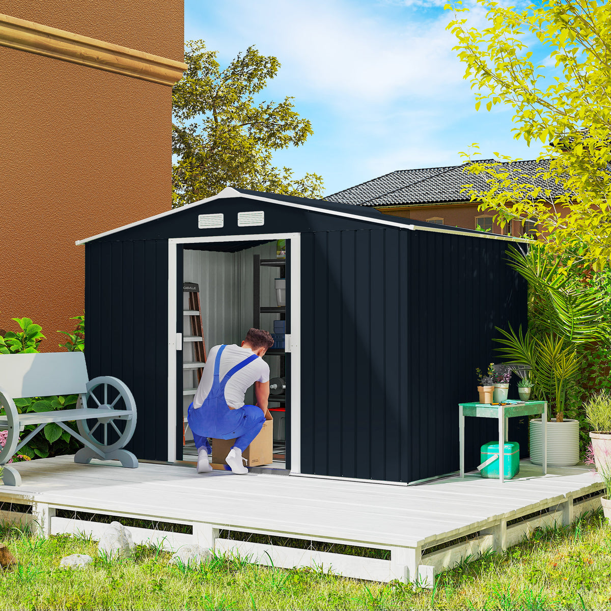 Metal Garden Storage Shed 9.1'x6.4' with Foundation Kit