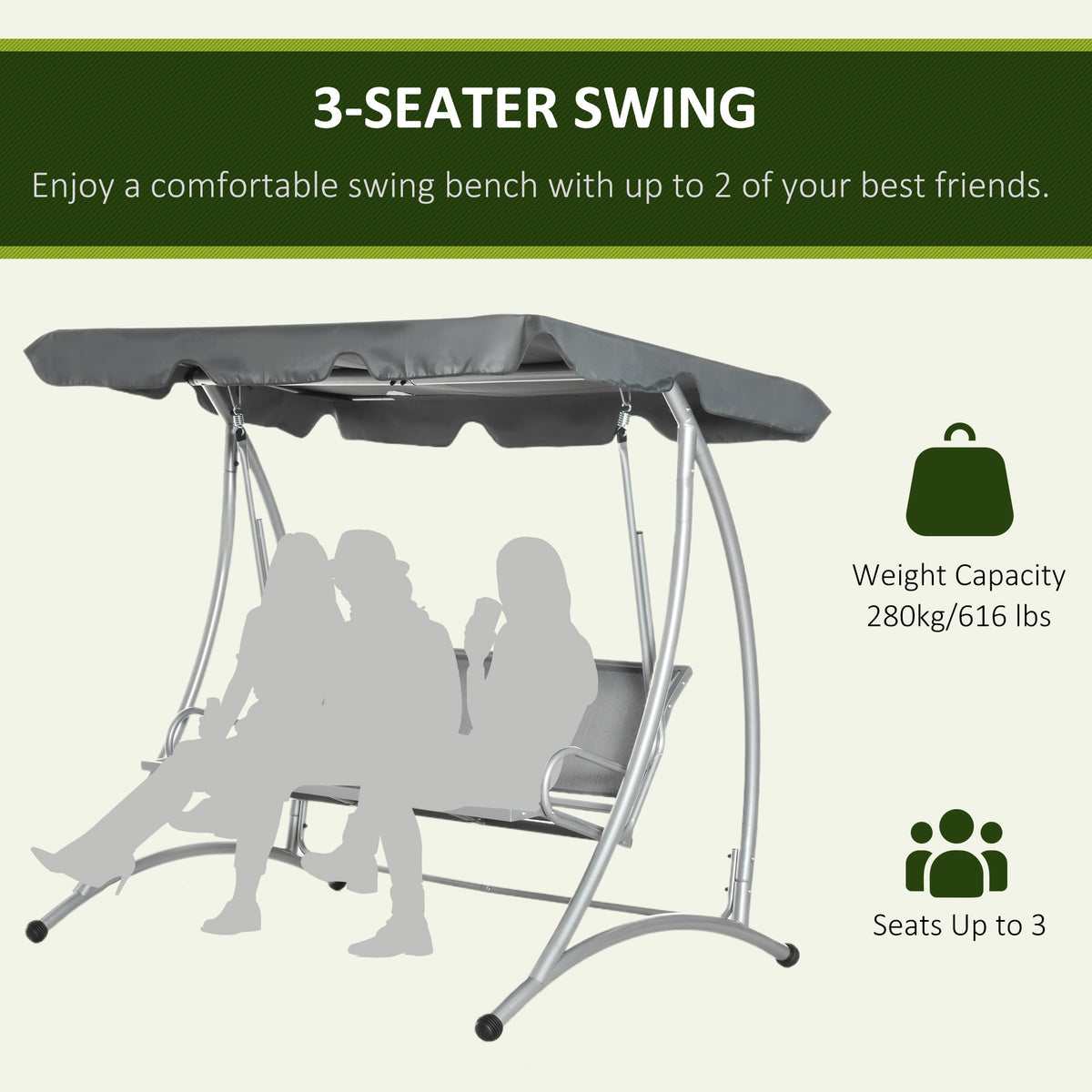 3-Person Patio Swing with Adjustable Canopy