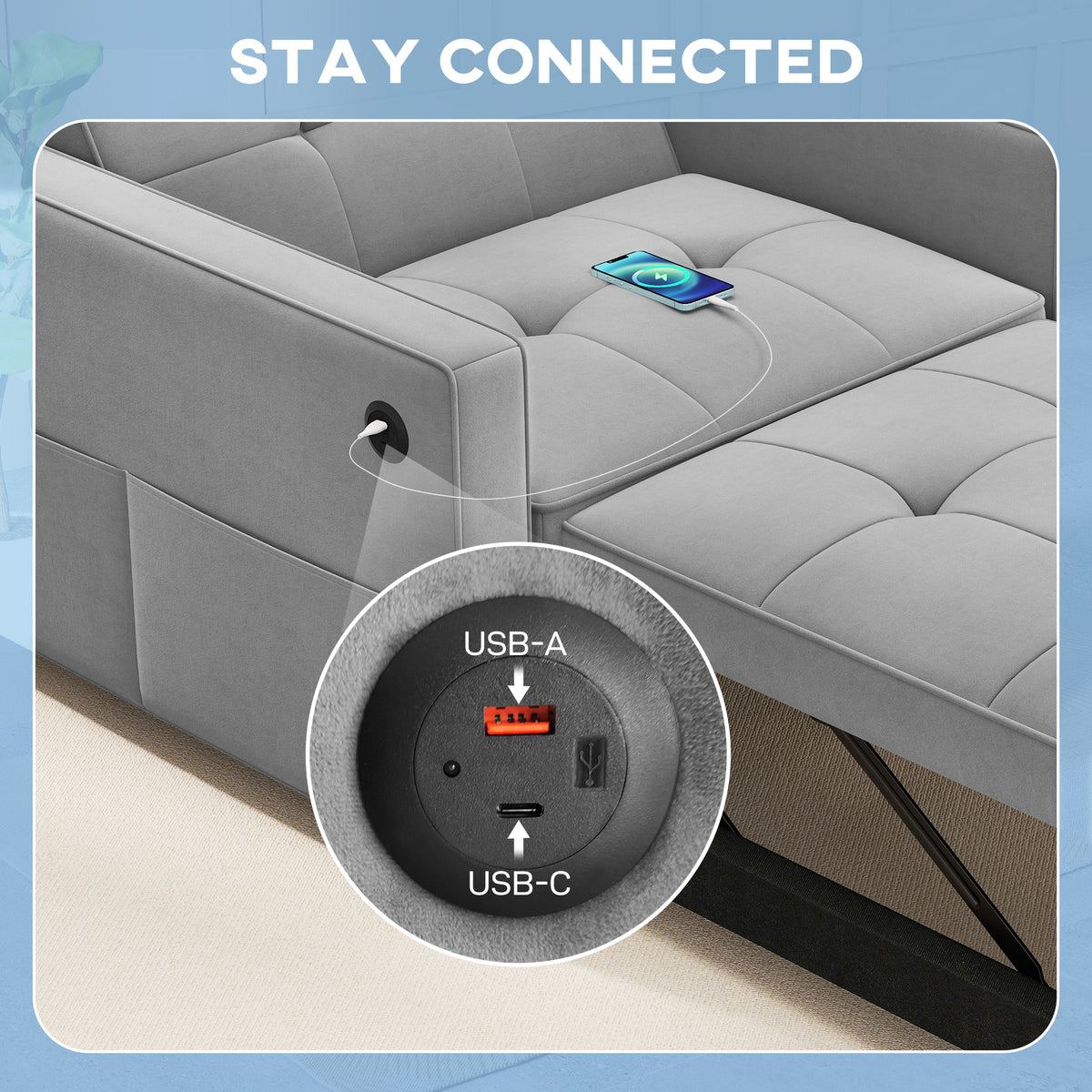 Convertible Velvet Chair Bed with USB Charging
