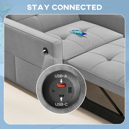 Convertible Velvet Chair Bed with USB Charging