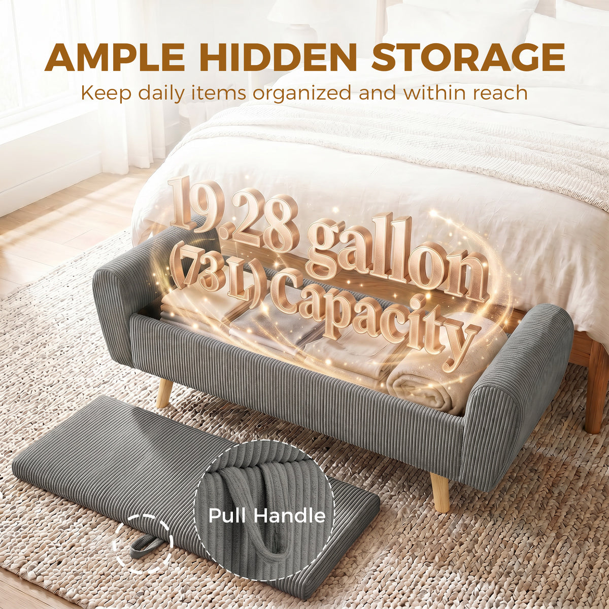 Corduroy Storage Ottoman Bench with Rolled Arms
