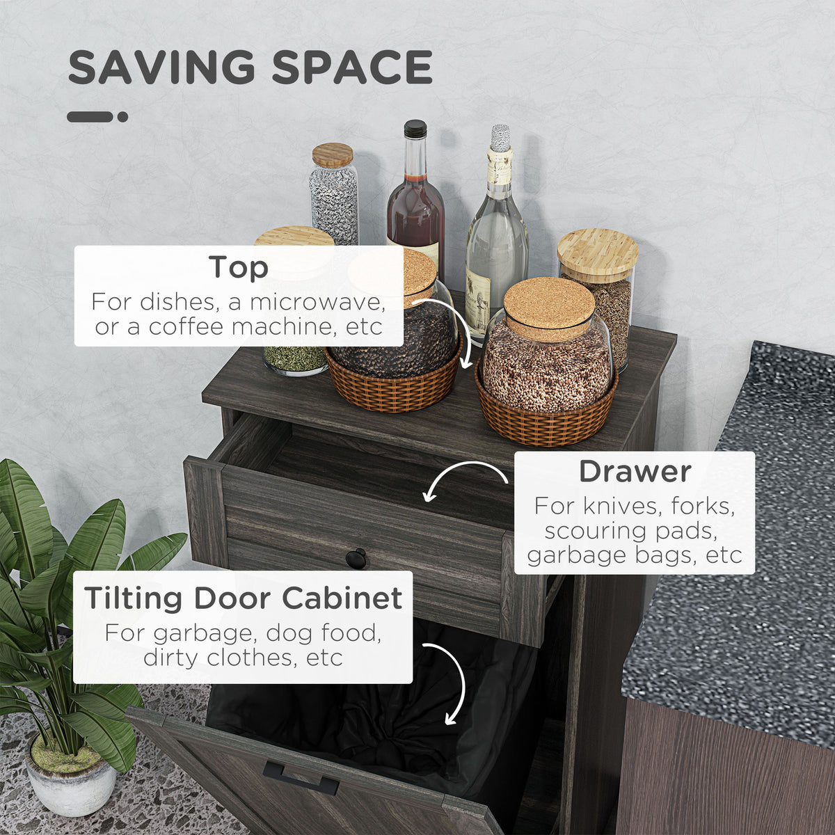 Tilt out trash bin cabinet with drawer
