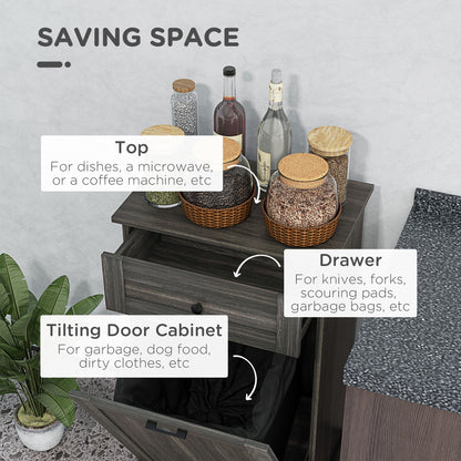 Tilt out trash bin cabinet with drawer