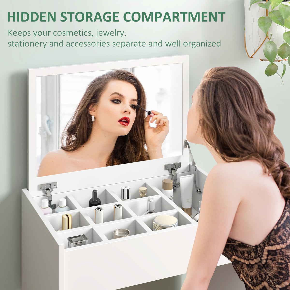 Modern vanity table with flip top mirror and cushioned stool