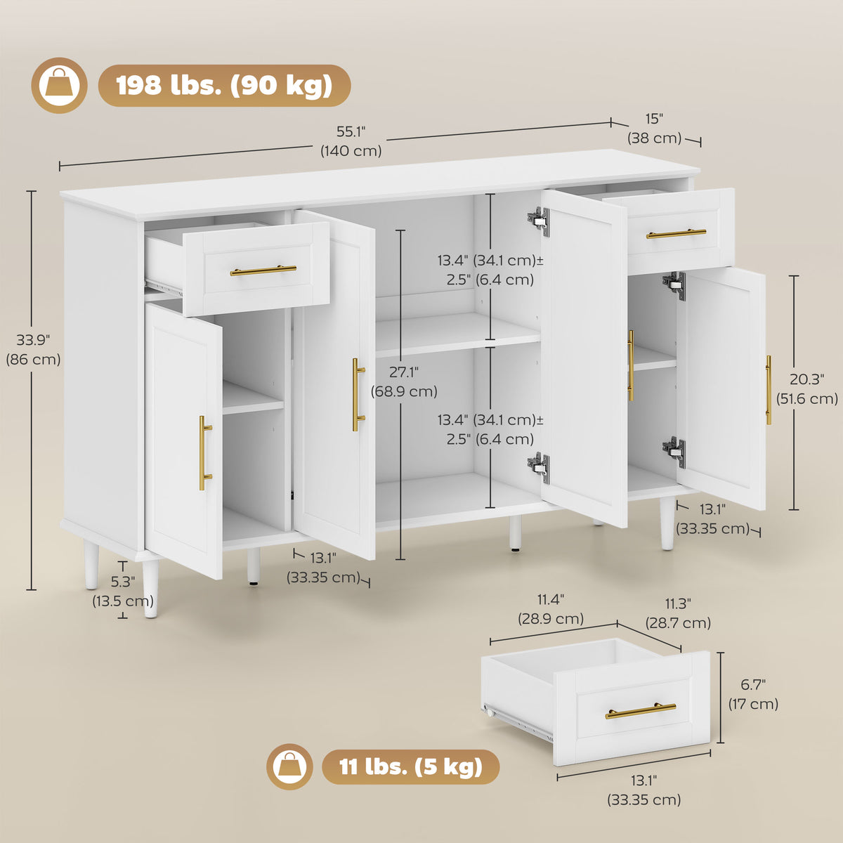 Modern Buffet Cabinet with Soft-Close Doors 140 cm