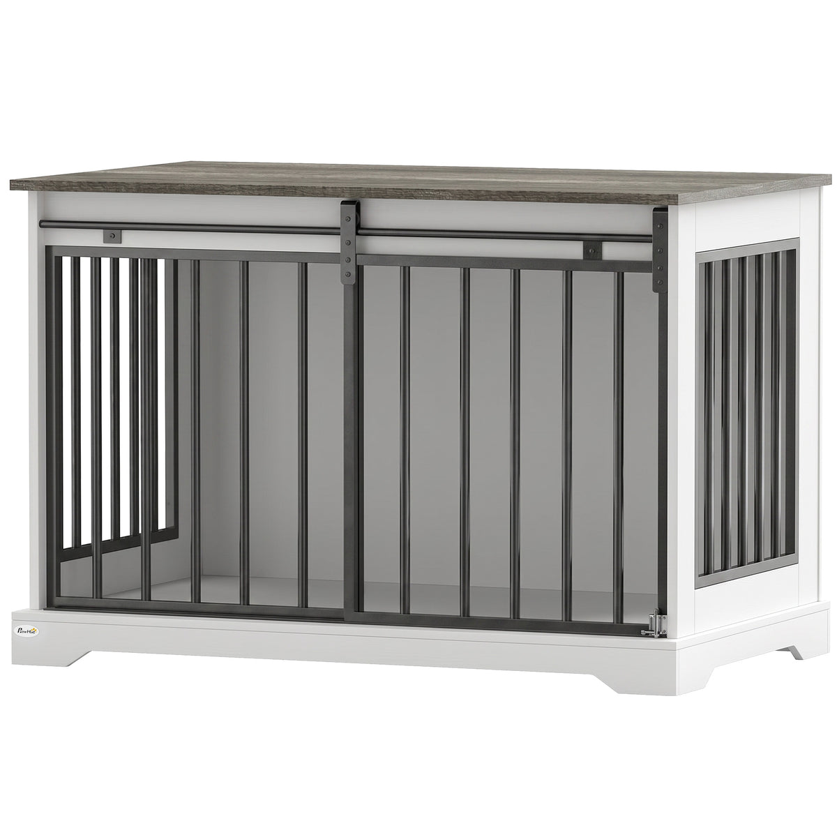 Dog crate furniture with sliding barn door