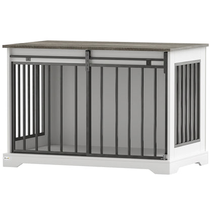 Dog crate furniture with sliding barn door