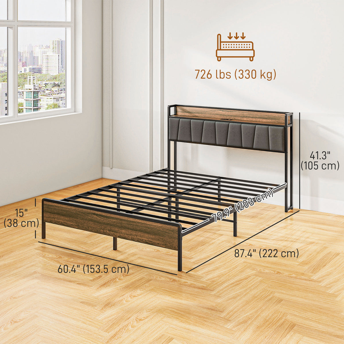 Estructura de cama queen con cabecero y estación de carga