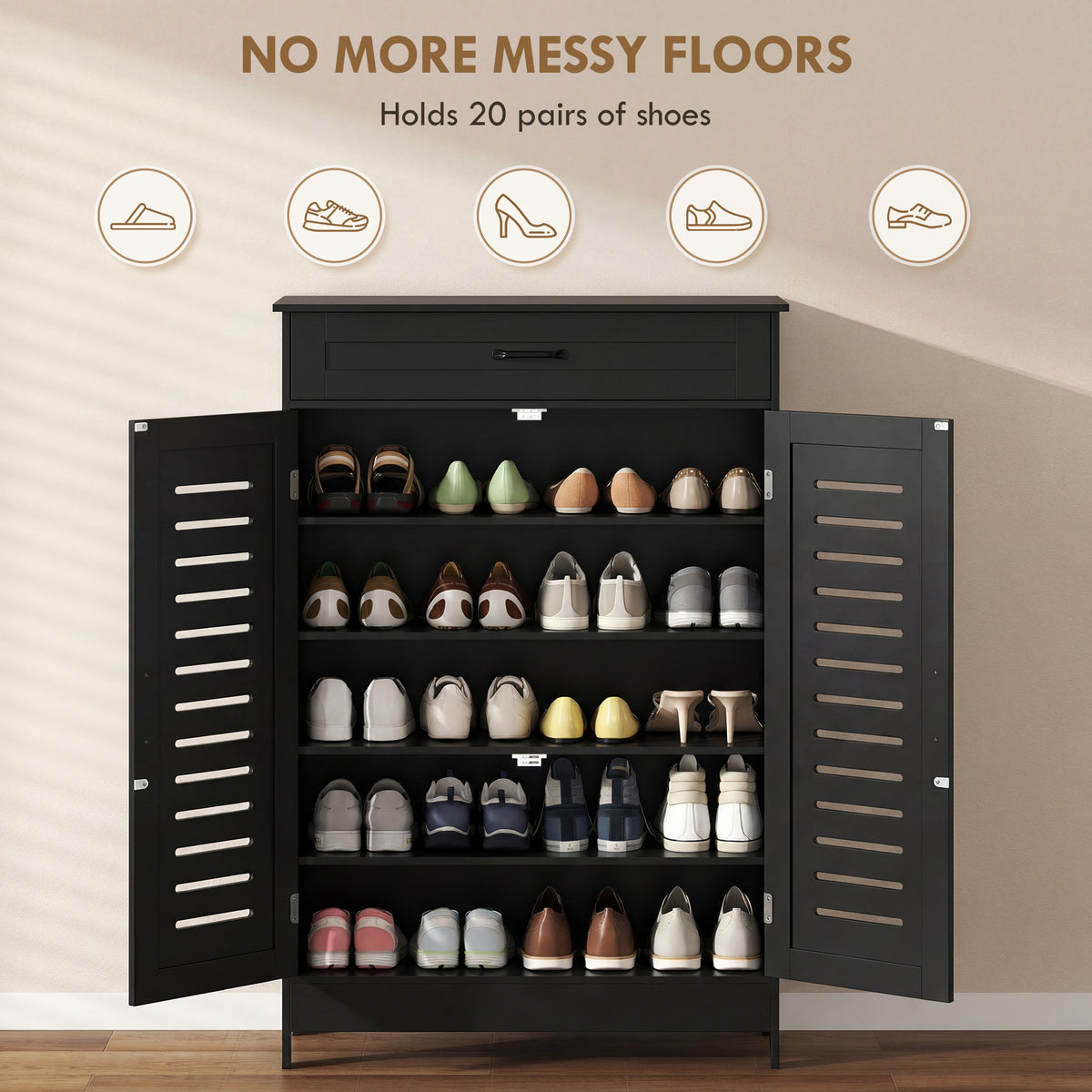 Shoe Cabinet with Louvered Doors and Drawer