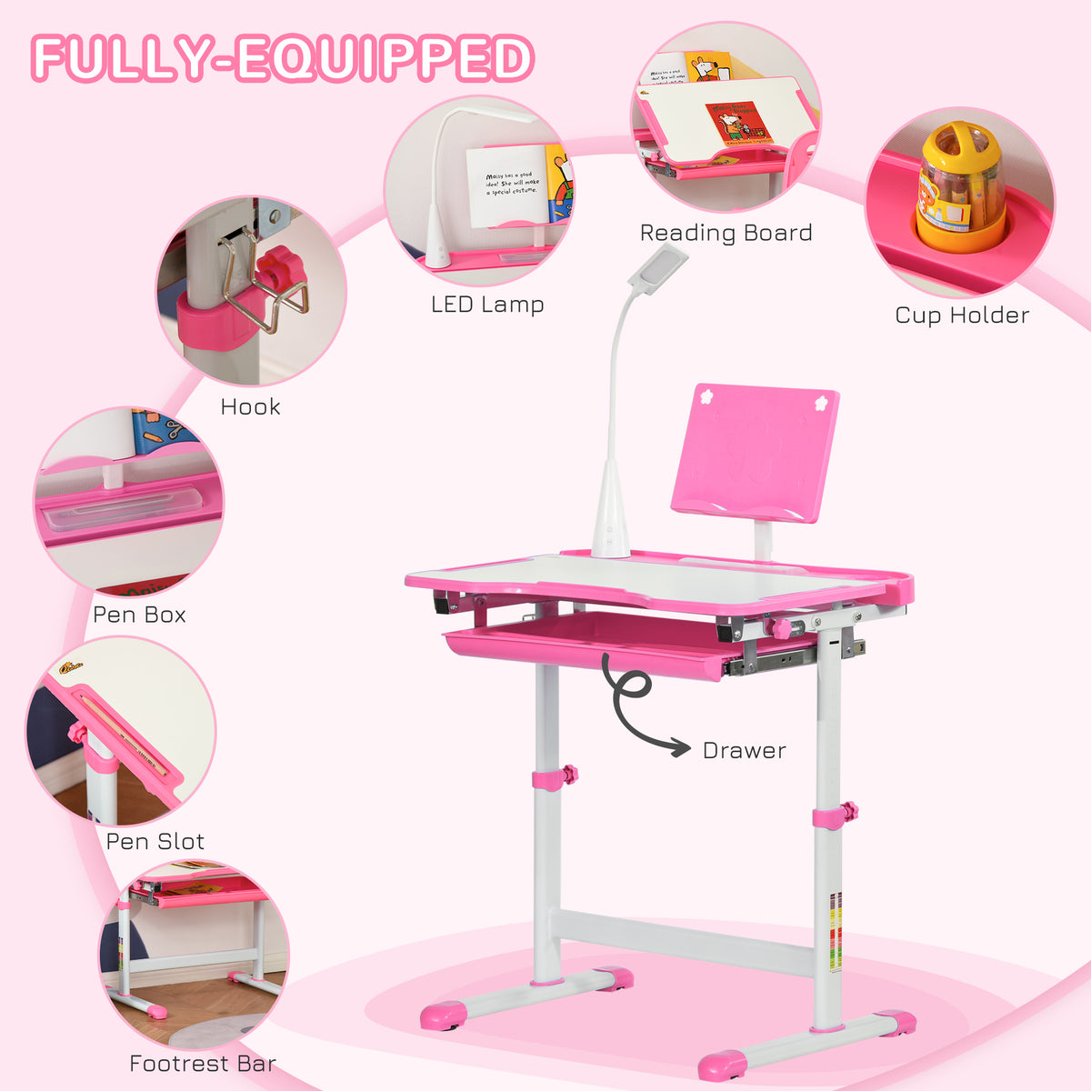 Escritorio infantil ajustable con silla y lámpara LED