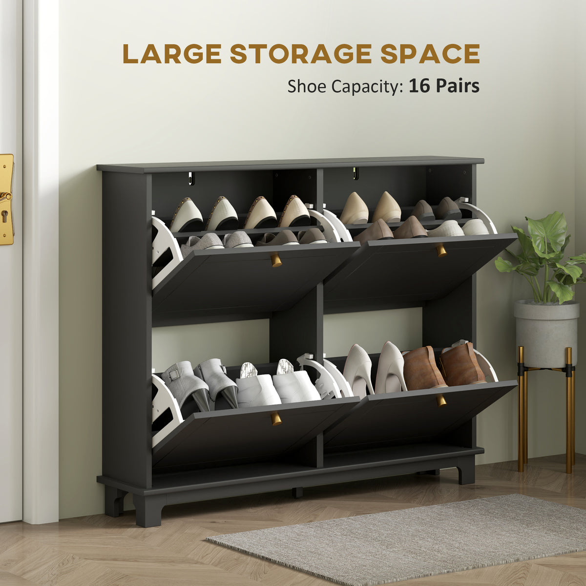 Narrow shoe storage cabinet with four flip drawers