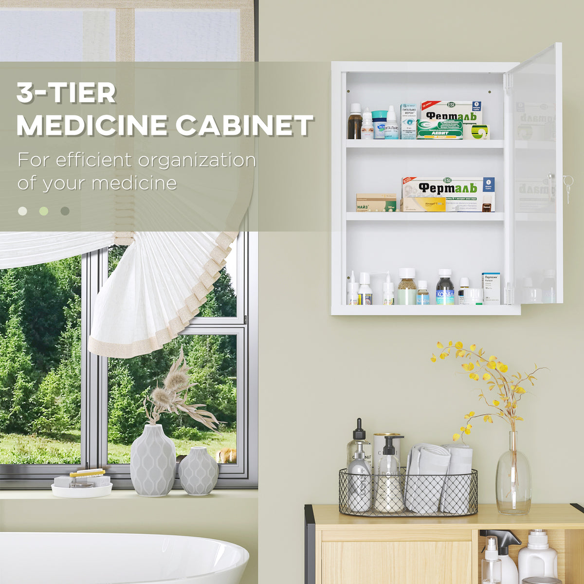 Lockable wall-mounted steel medicine cabinet
