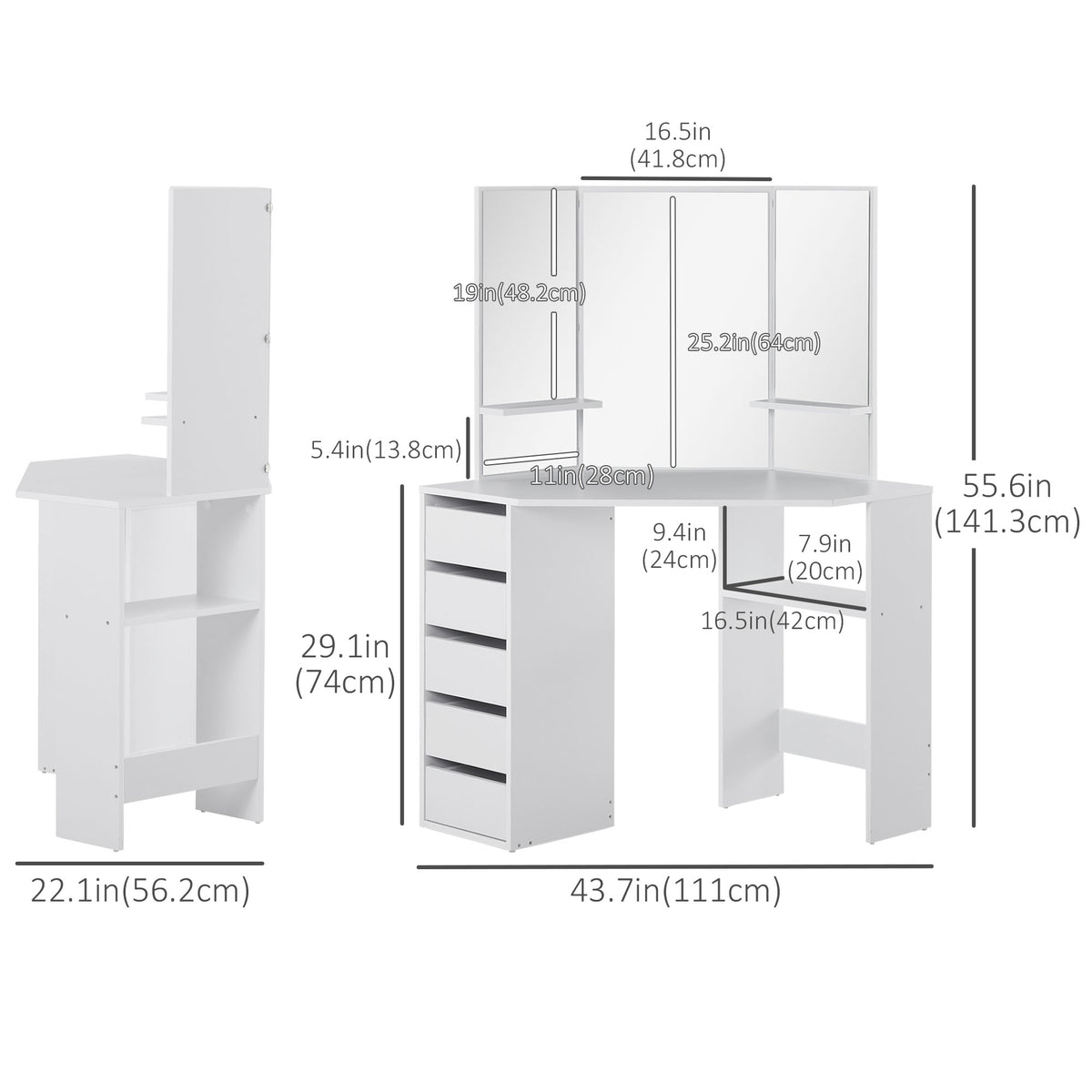 Corner makeup vanity table triple mirror with drawers
