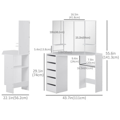 Corner makeup vanity table triple mirror with drawers