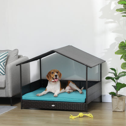Cama elevada para perros con toldo de ratán