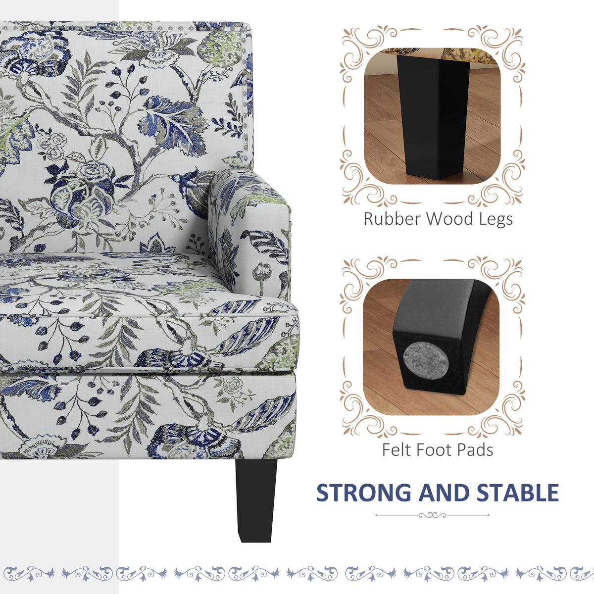 Mid-Century Accent Armchair Floral Pattern Nailhead Trim