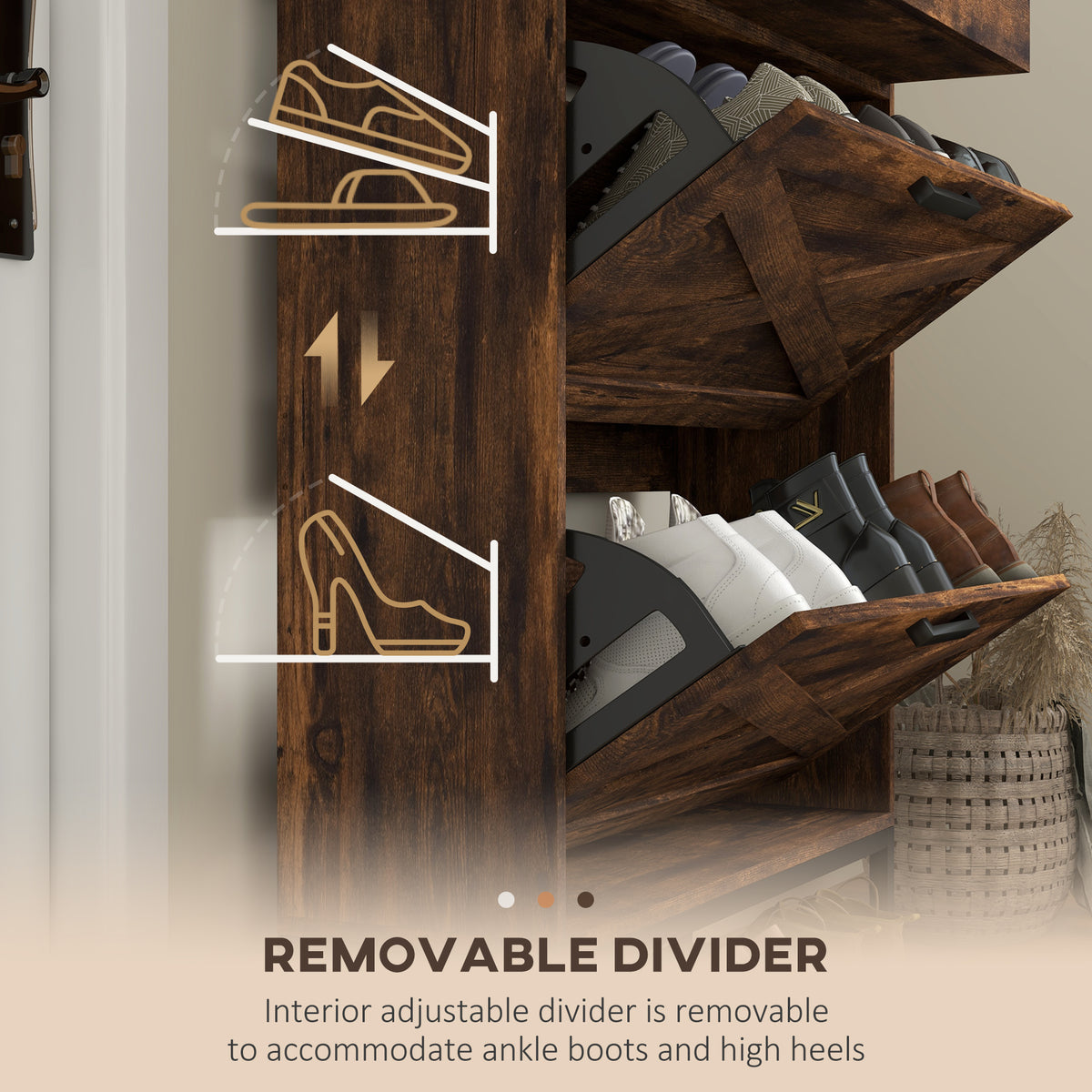 Slim shoe storage cabinet with 2 flip drawers