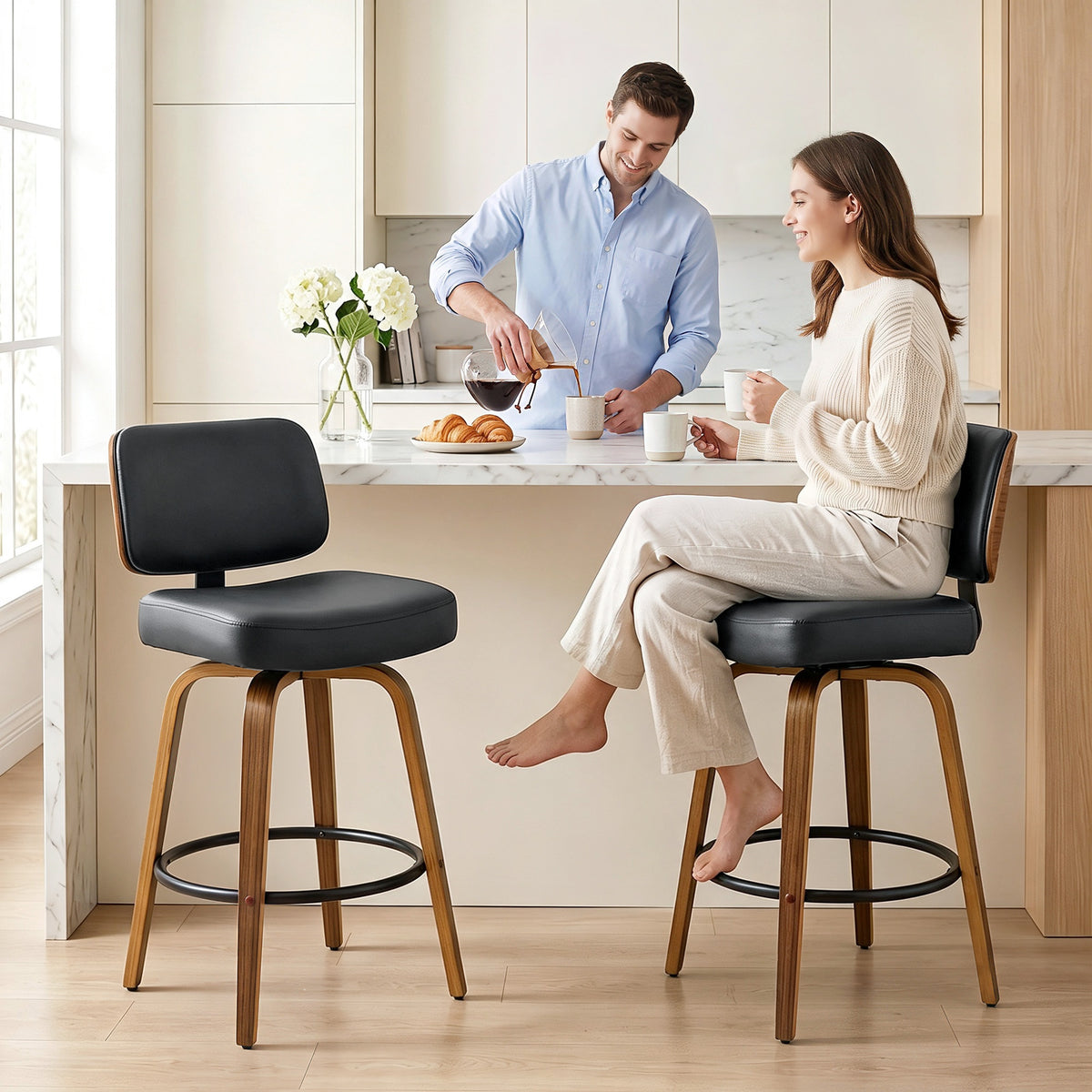 Modern Swivel PU Leather Counter Bar Stools — Set of 2