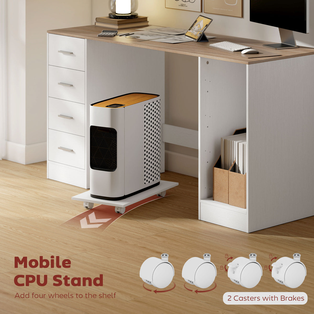 Computer Desk with 4 Drawers and Mobile CPU Stand