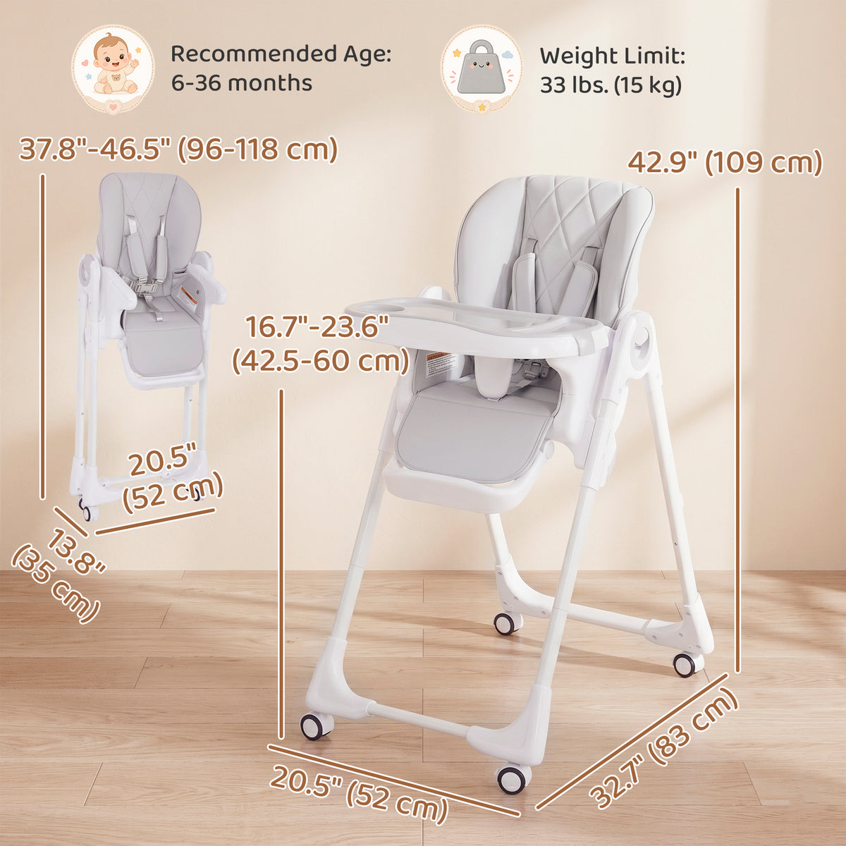 Foldable High Chair with Double Tray and Wheels