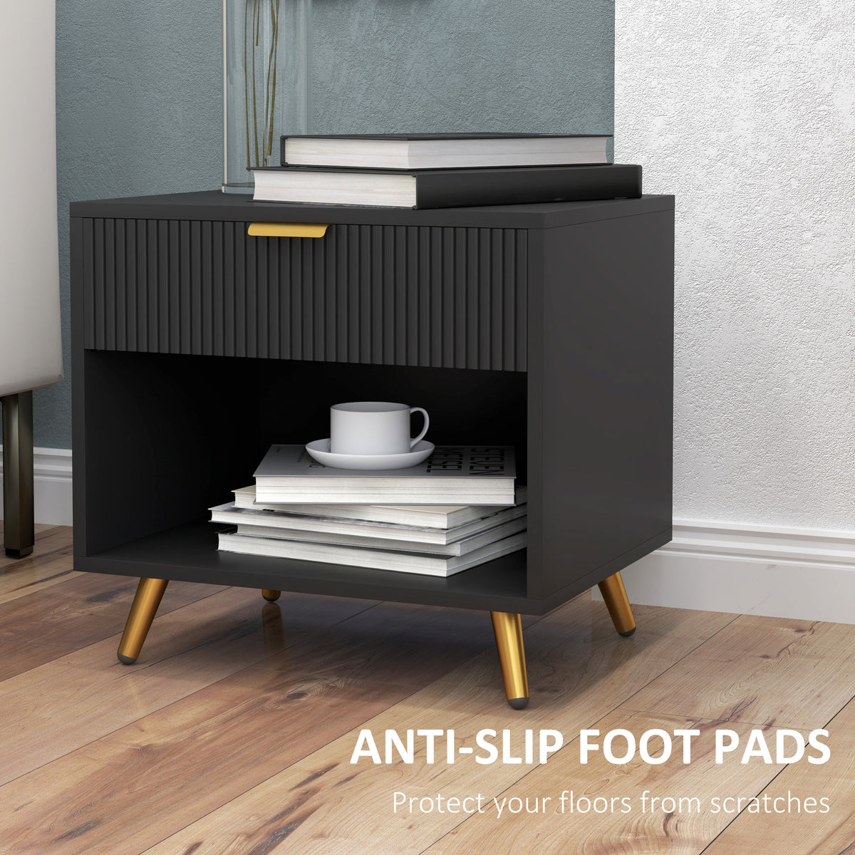 Nightstand Fluted Panel with Drawer and Open Shelf