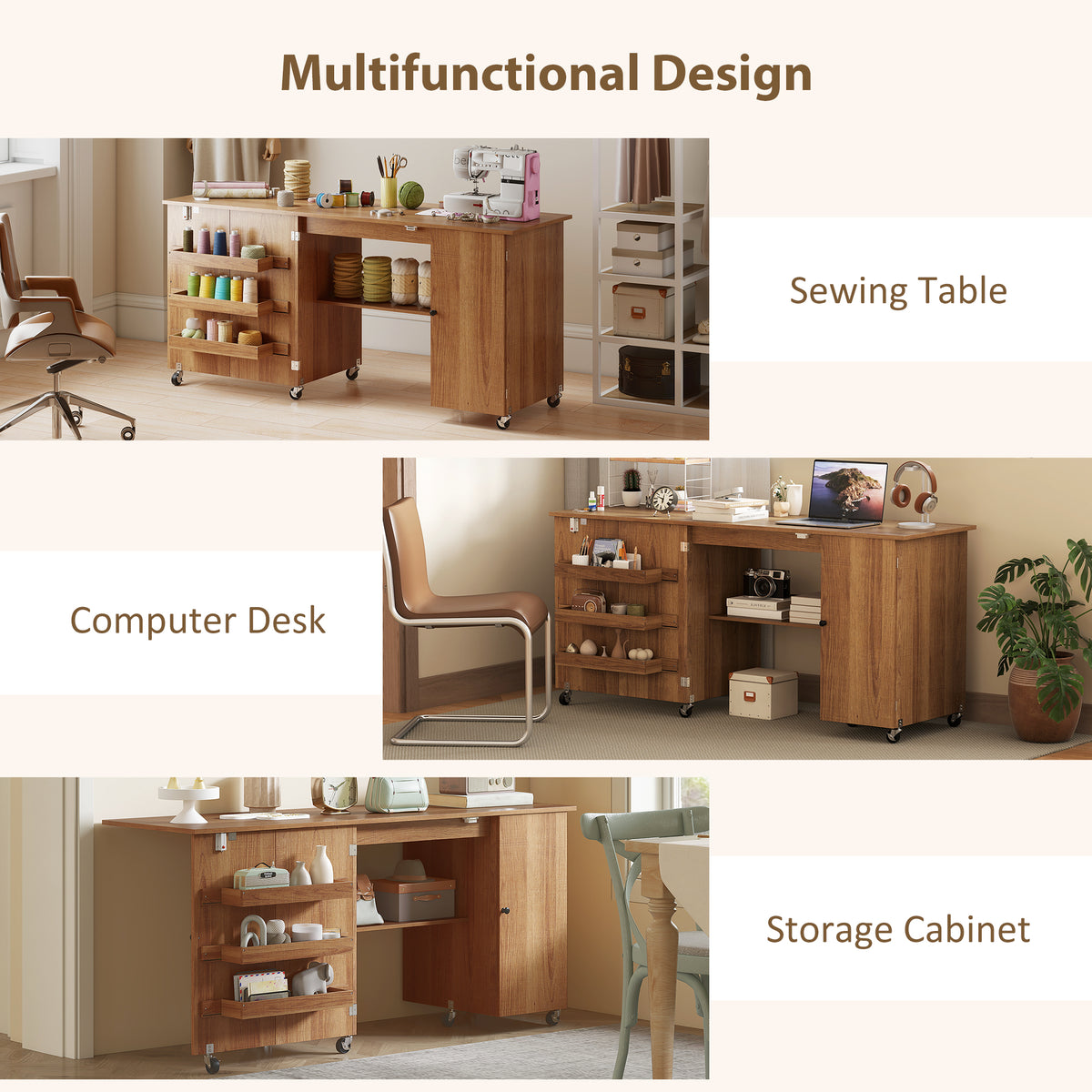 Folding Sewing Table with Storage — Wood