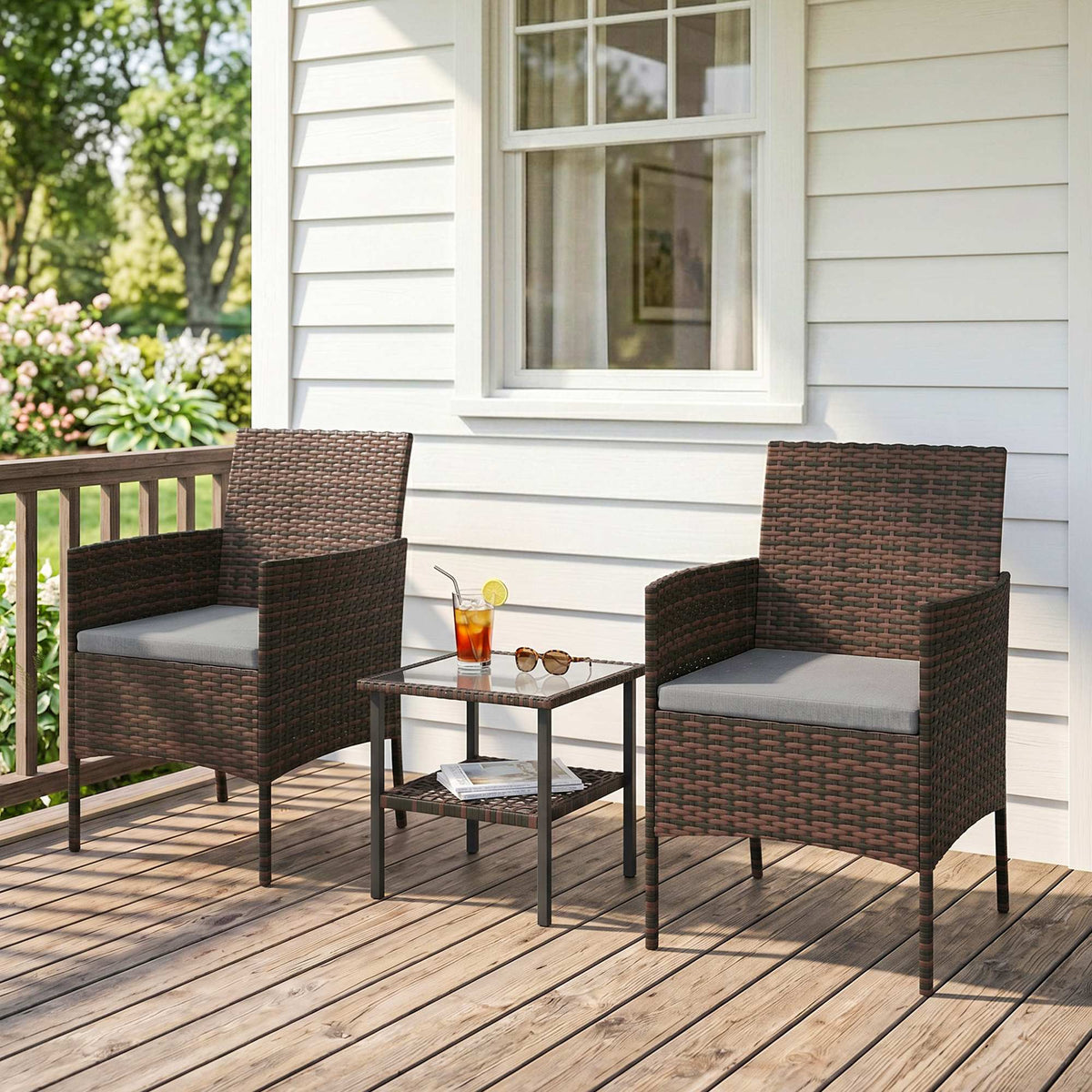 Bistro Set 3 Piece Wicker with Glass Table — Khaki