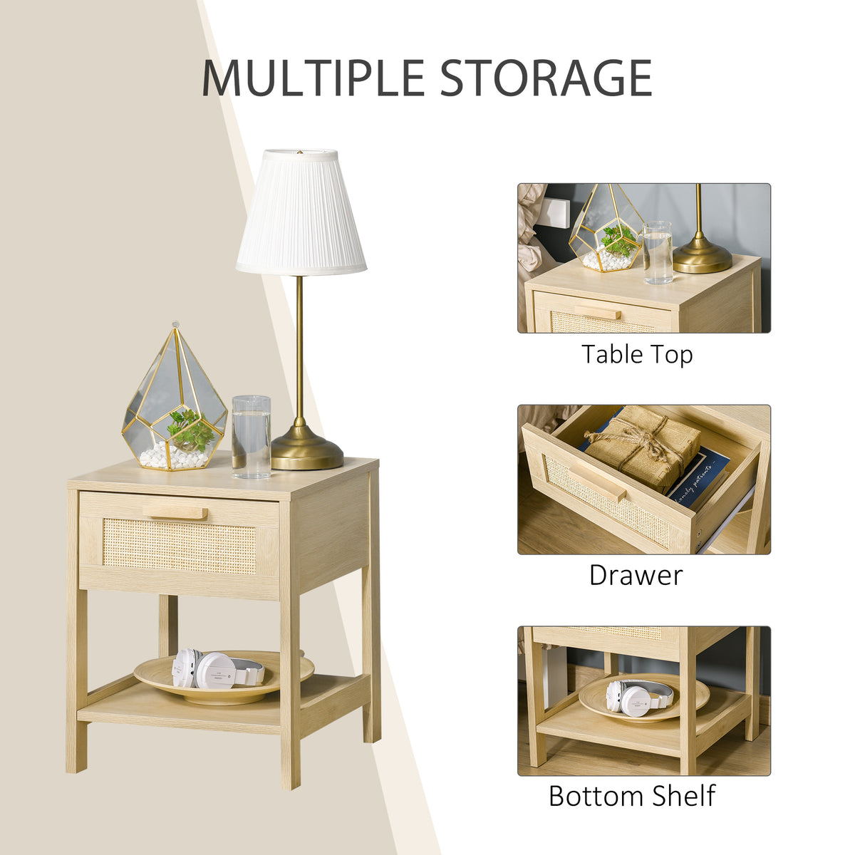 Narrow Nightstand with Drawer and Rattan Elements