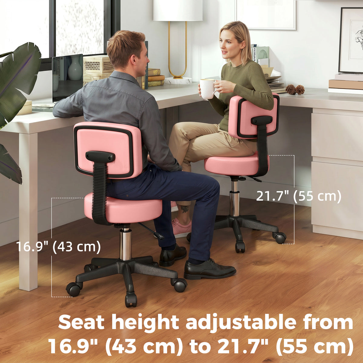 Rolling Stool with Backrest and Wheels — PU Leather