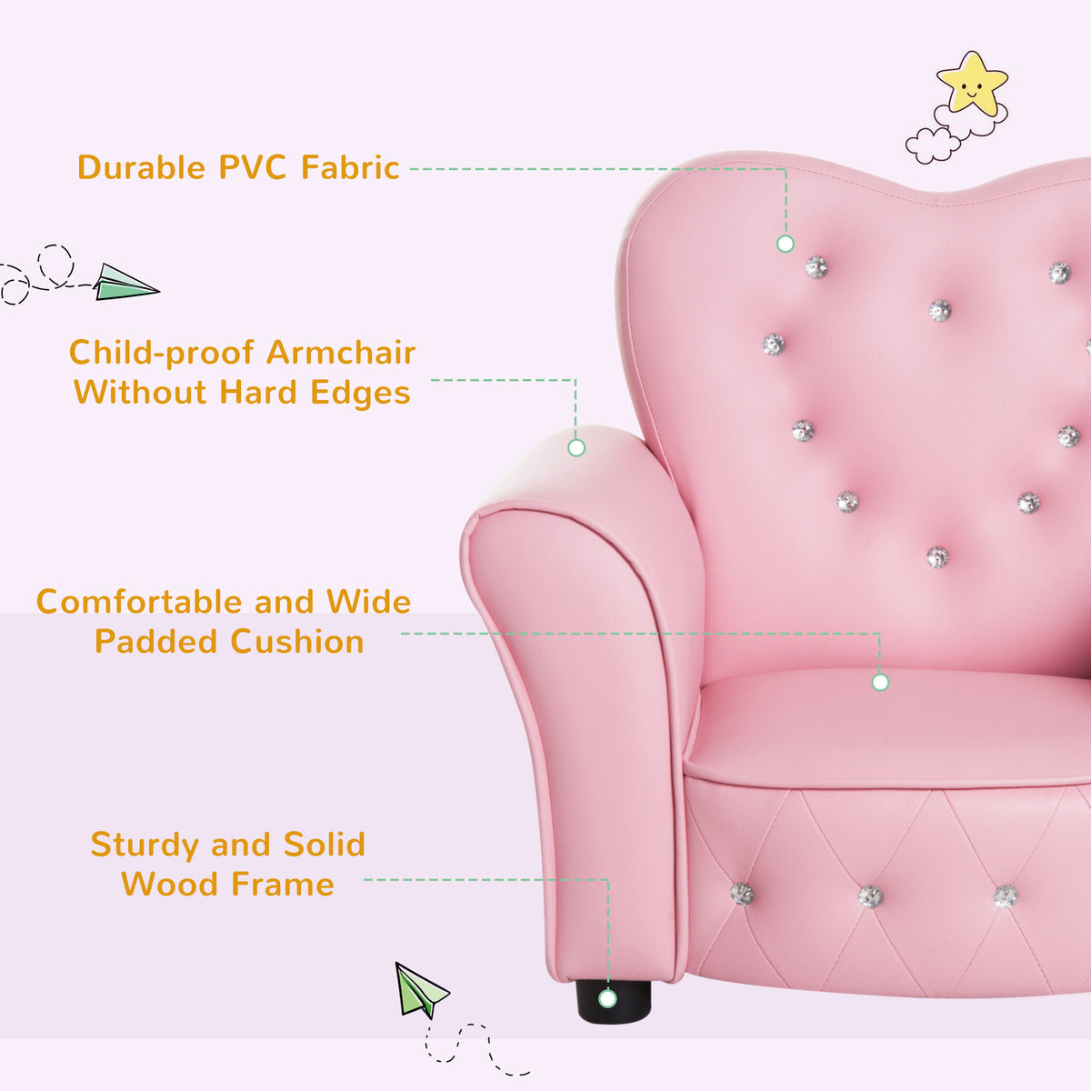Kids tufted princess armchair toddler sofa 58.9 x 41.4 x 49 cm