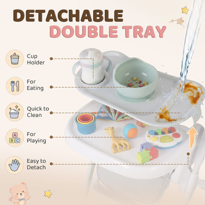 Foldable High Chair with Double Tray and Wheels